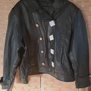 G by Giuliana Black Leather Jacket with Gold Buttons